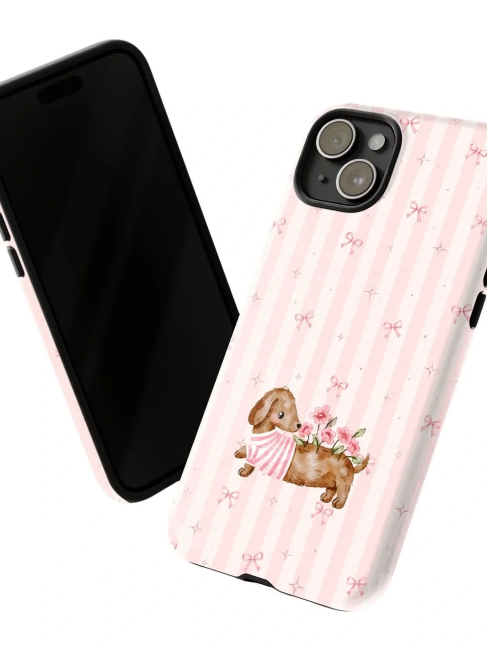 Cute Pink Dog Phone Case - Floral Stripe Design